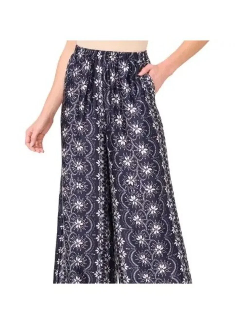 CeCe Mixed Print Wide Leg Pants XL Nordstroms Navy Blue White NWOT